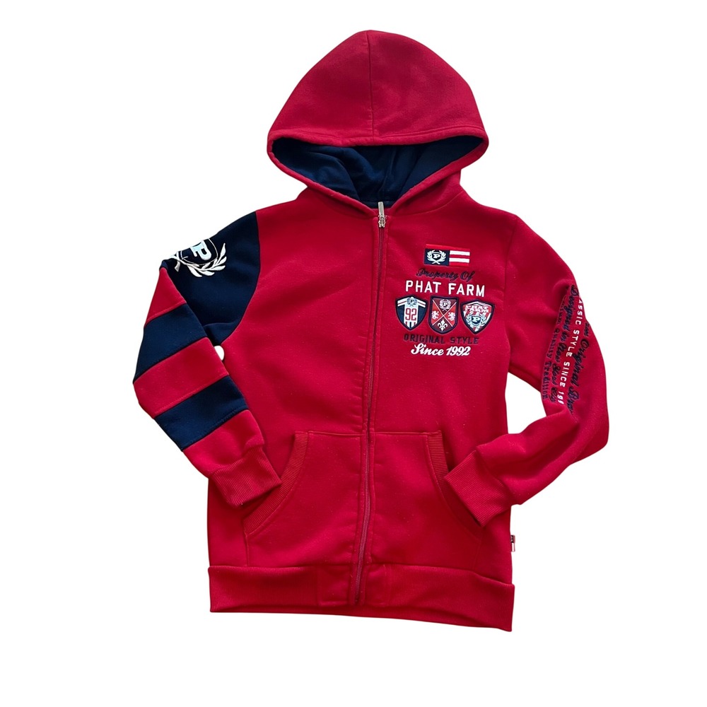 Phat Farm Boys Red Navy Full Zip Hoodie Sweatshirt Size 10/12 Crest Flag Logo